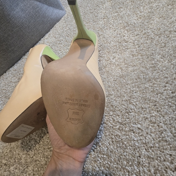 Stuart Weitzman Women's Peach Peep-Toe Heels- Nude & Lime - Picture 7 of 11